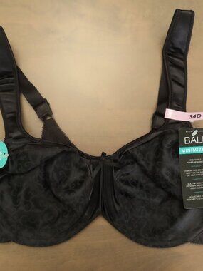 NWT Bali Satin Tracings Minimizer Underwire Bra 34D Black DF3562
